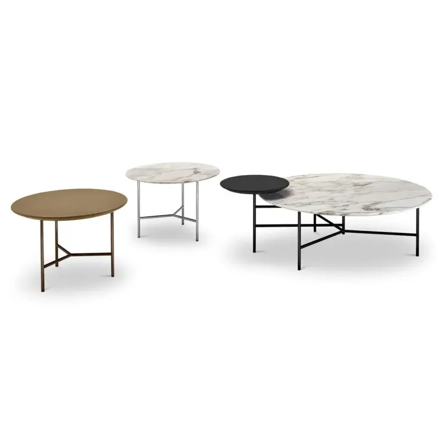 Exceptional 4 Mariani Twibe coffee table with black chromed steel and striking gold and white marble tops