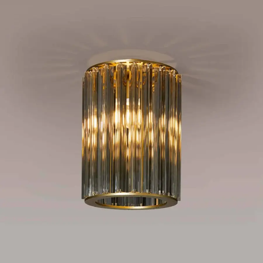 Superior VENICEM Crown Ceiling Lamp with burnished brass structure and crystal trihedrons offering a warm golden glow