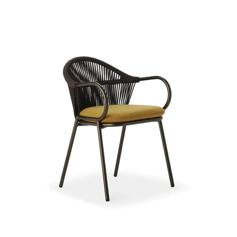 Sophisticated Roberti Rattan armchair with aluminum frame woven in Round Trendyrope and golden-yellow upholstery in dark charcoal finish
