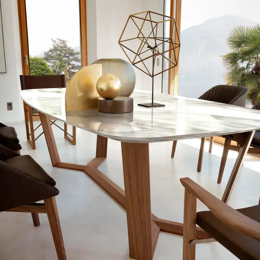 Superior 4 Mariani Way table with light grey marble top and warm medium-brown wood base in satin finish