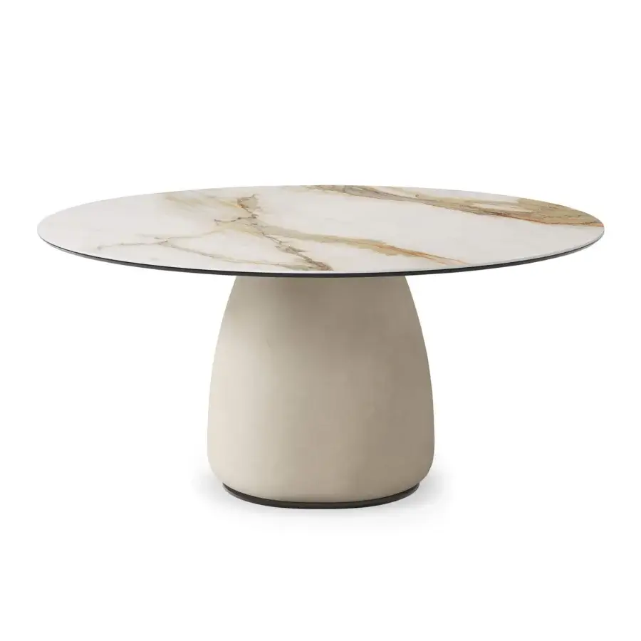 Cattelan Italia Botero Keramik table, cream marble-patterned ceramic top, beige fabric pedestal base, rounded form, modern design.