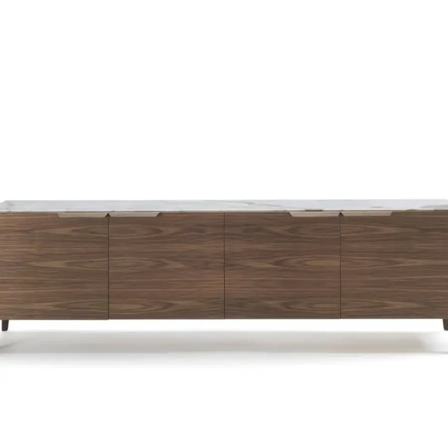 Distinguished Porada Atlante sideboard crafted in solid Canaletto walnut with matte finish and light-colored stone top