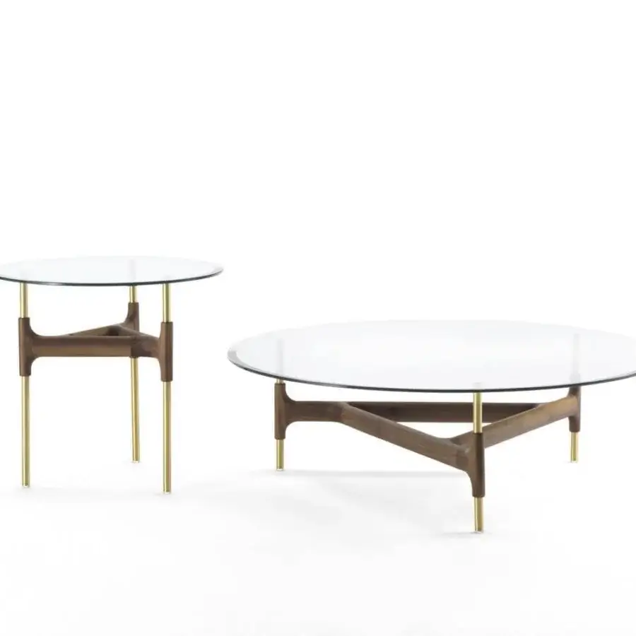 Superior Porada Joint side table with clear tempered glass top and dark Canaletto walnut frame built with a brushed brass base