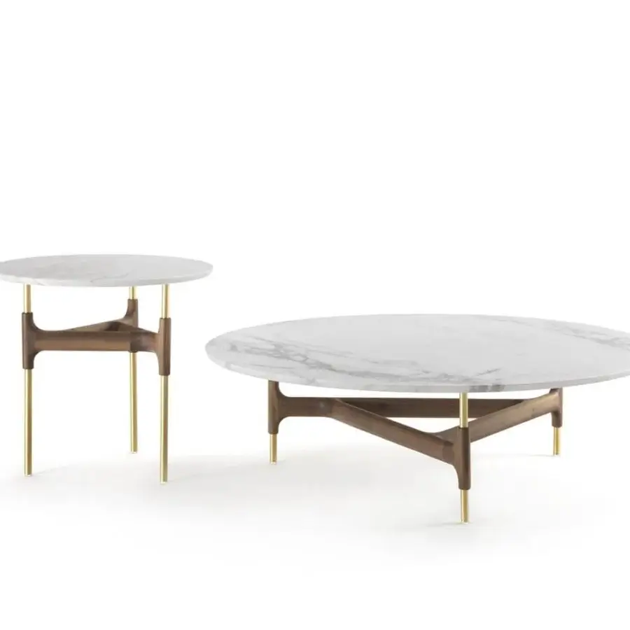 Elegant Porada Joint side table with white marble top and dark Canaletto walnut with brushed brass legs crafted in Italy