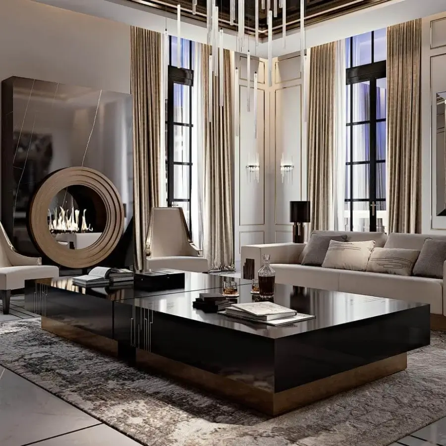 Distinguished Reflex Belle Epoque coffee table with nero beluga lacquered glass top and satin brass base exhibiting a glossy finish