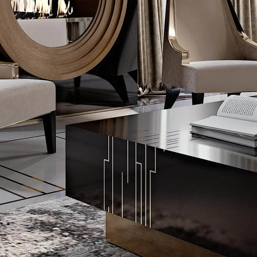 Superior Reflex Belle Epoque coffee table with nero beluga lacquered glass top and satin brass finished wooden base