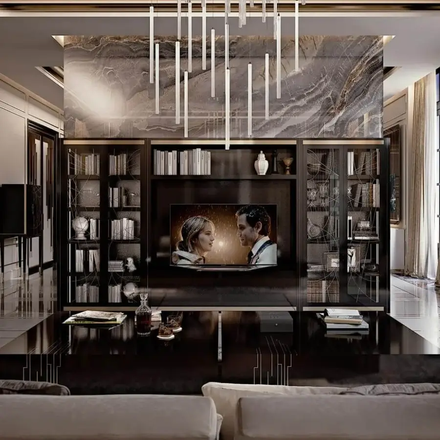 Lavish Reflex Belle Epoque coffee table with lacquered nero beluga glass top and satin brass finished wooden base