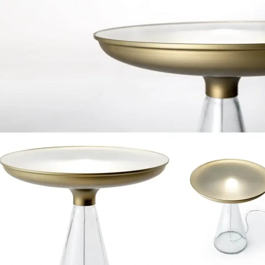 Exclusive Reflex Accademia side table with round gold tabletop and white interior crafted in bronze mirror glass with a Murano glass base