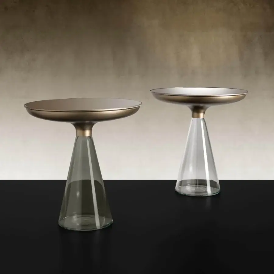 Distinguished Reflex Accademia side table with round bronze mirror glass tabletop and smoky grey blown Murano glass conical base