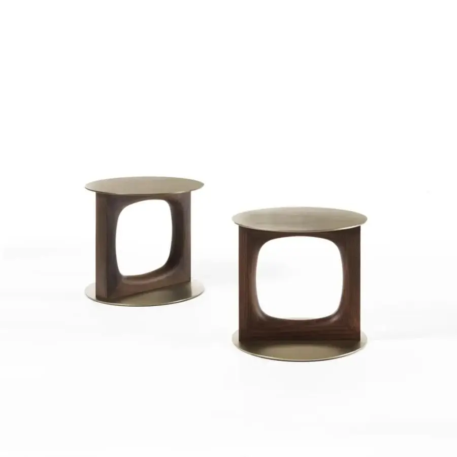Distinguished Porada Tenco side table crafted in Canaletto walnut with brushed brass metal accents and a golden finish