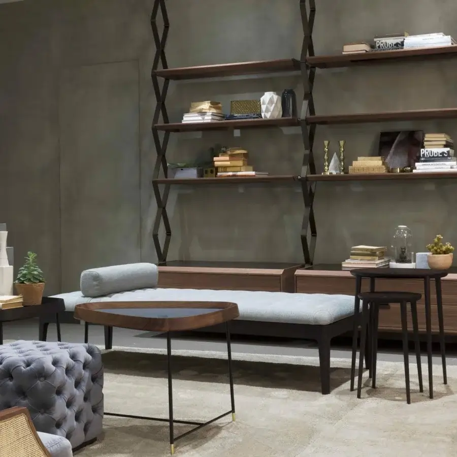Lavish Porada Webby chaise lounge with tufted light grey fabric and solid Canaletto walnut frame