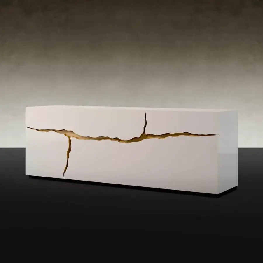 Distinguished Reflex Impact sideboard with a shiny lacquered latte finish and jagged golden-brown front detailing crafted in Italy