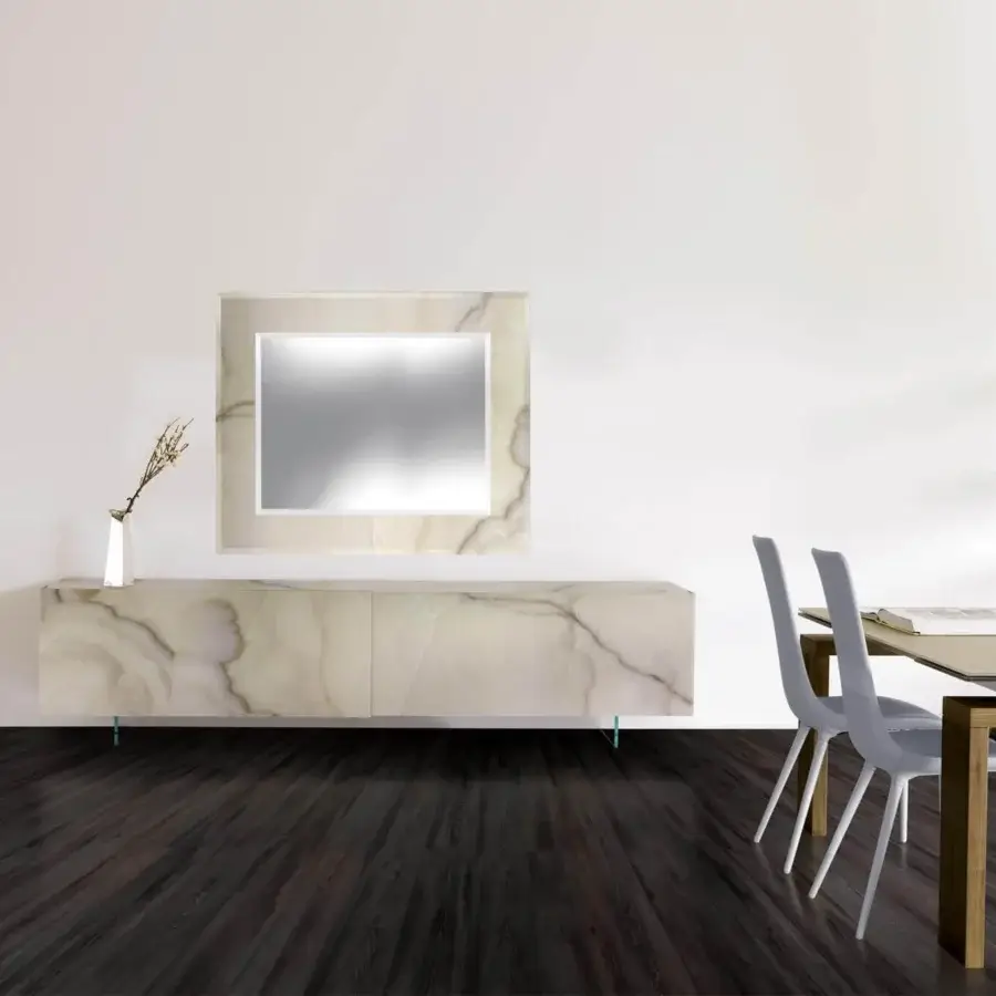 Distinguished Reflex Mirage sideboard with marble glass in light beige and cream tones plus transparent glass legs