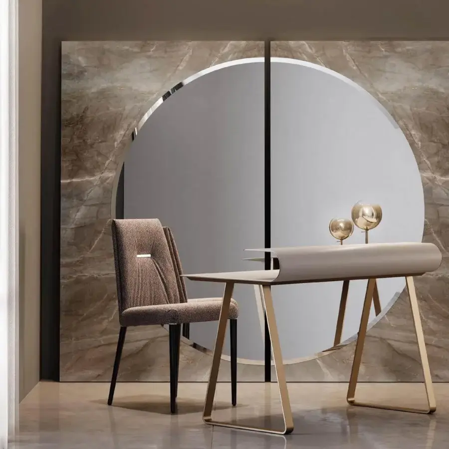 Distinctive Reflex Twist desk with light beige synthetic tabletop and refined leather side elements in gold-toned metal legs