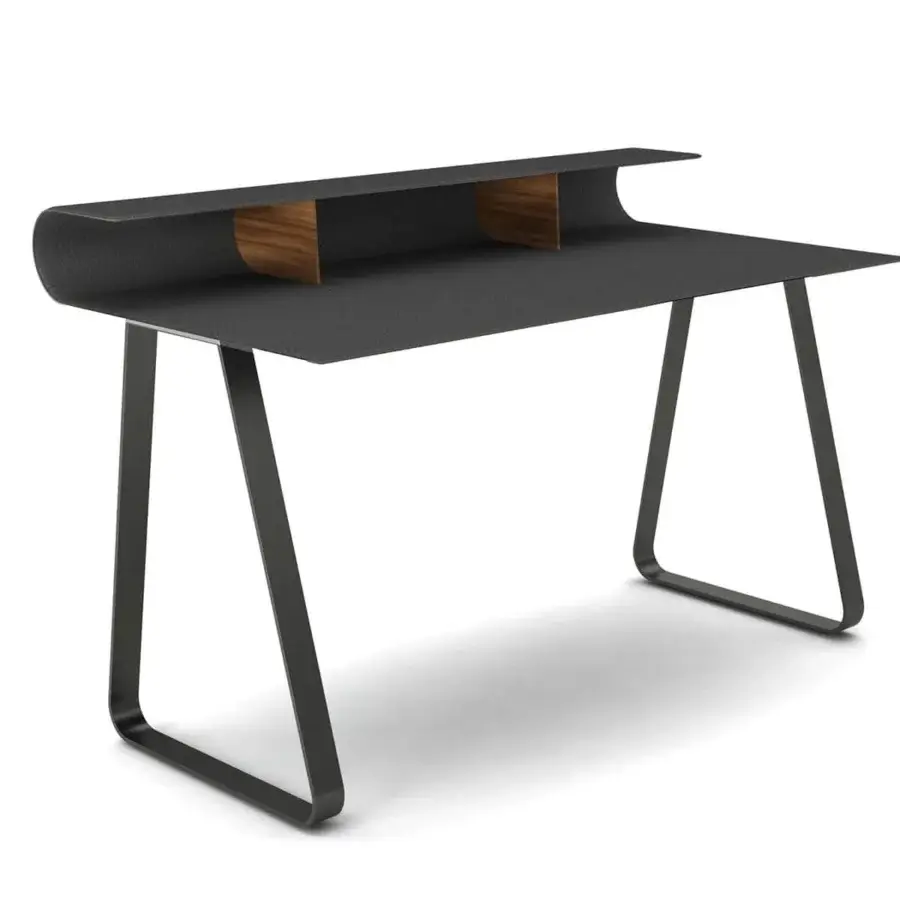 Distinguished Reflex Twist desk with dark gray leather top and elegant wood cubbies in matte metal legs