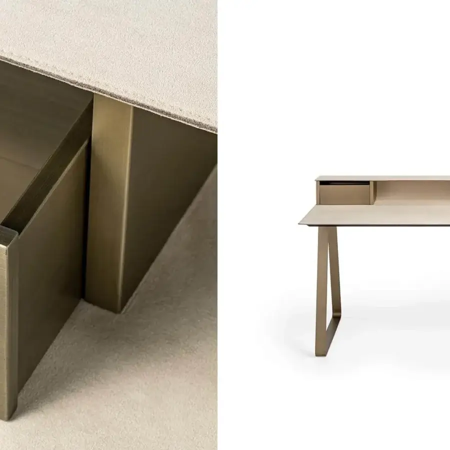 Superior Reflex Twist desk with light textile-like tabletop and matte bronze V-shaped metal legs crafted in Italy