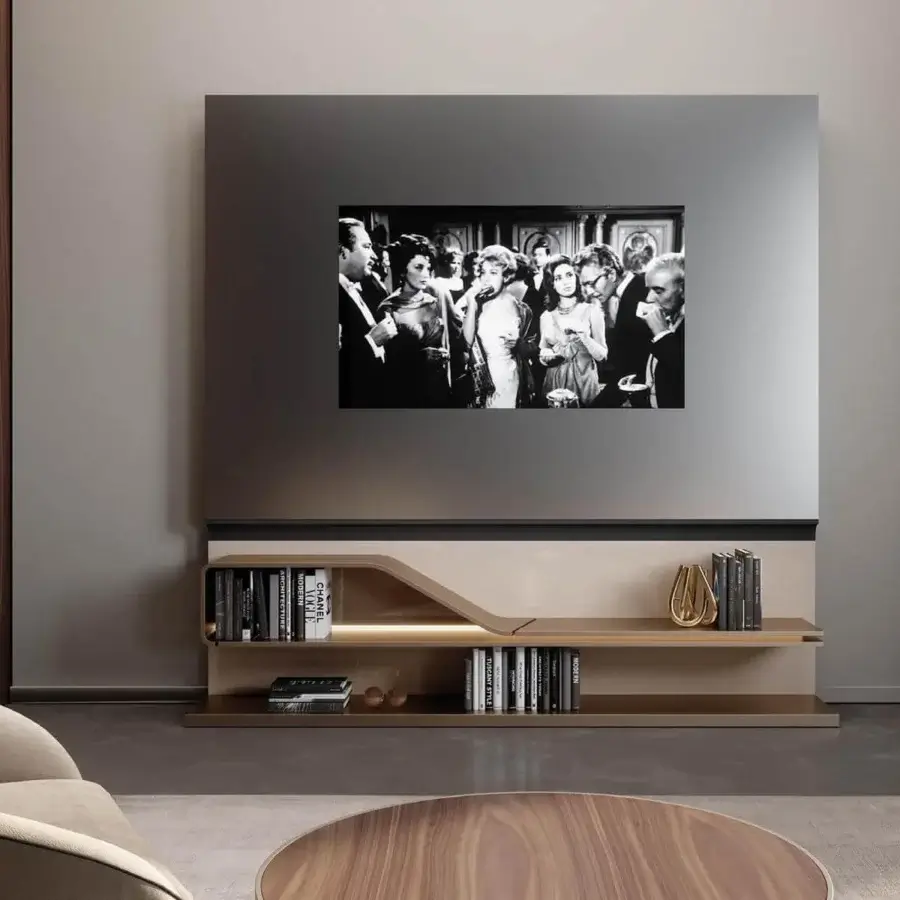 Distinguished Reflex Movie Porta Tv media console with Henné lacquered wood and Supersilver mirror TV container crafted with a Segno Bookcase module