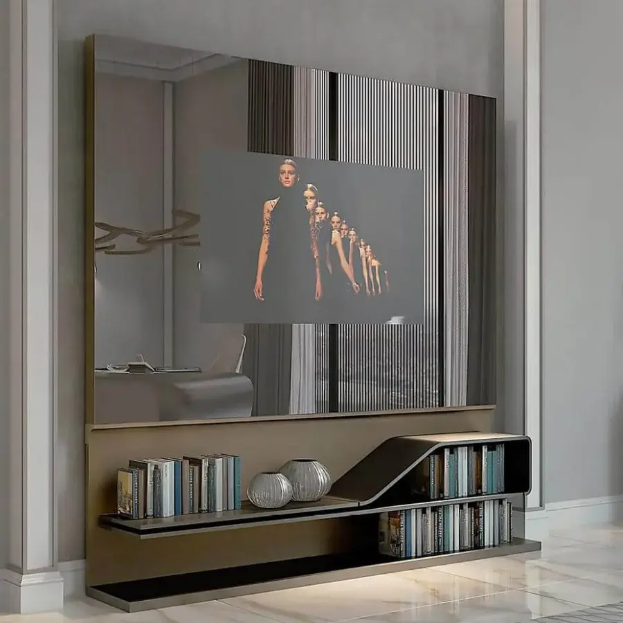 Exceptional Reflex Movie Porta Tv media unit with Henné lacquered wood frames and Supersilver mirror panel finish