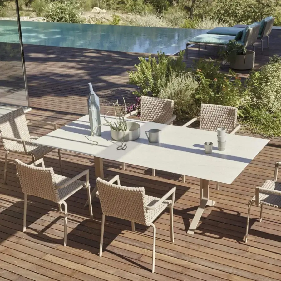 Distinguished Roberti Rattan Key West armchair with light beige Sunrope weaving and powder-coated aluminum structure