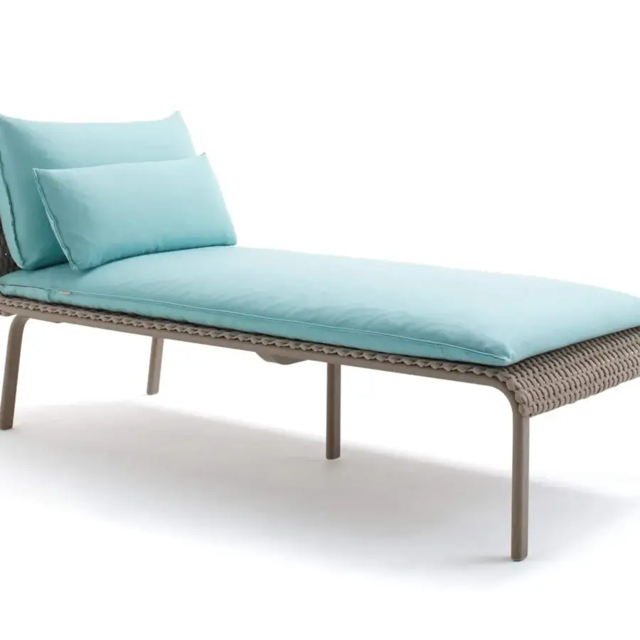Captivating Roberti Rattan Key West lounger with a light brown powder-coated aluminum structure and plush blue Sunrope weaving