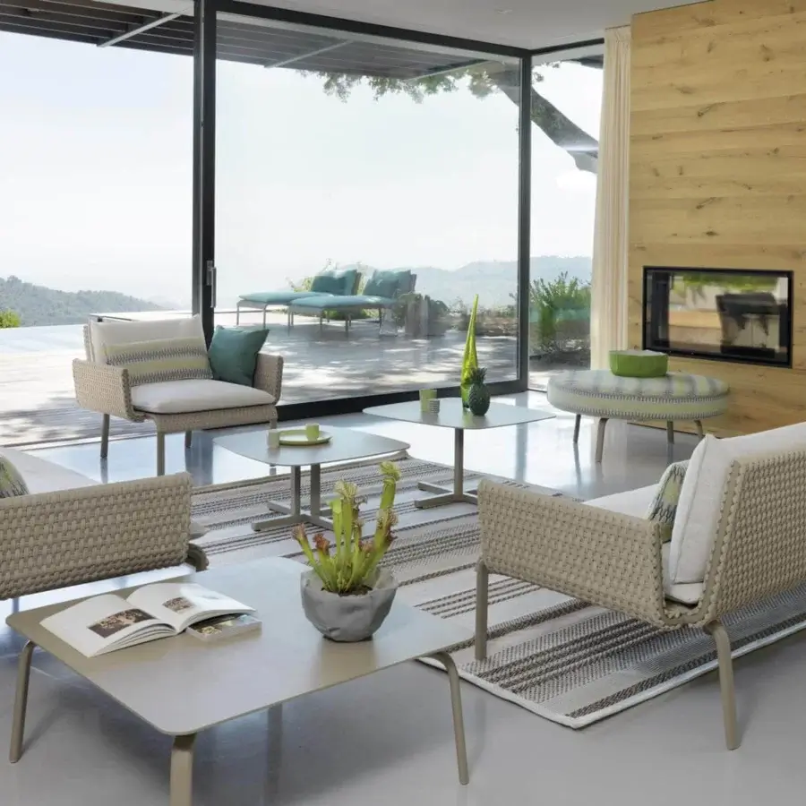 Elegant Roberti Rattan Key West coffee table with Cipria powder-coated aluminum and clean modern lines