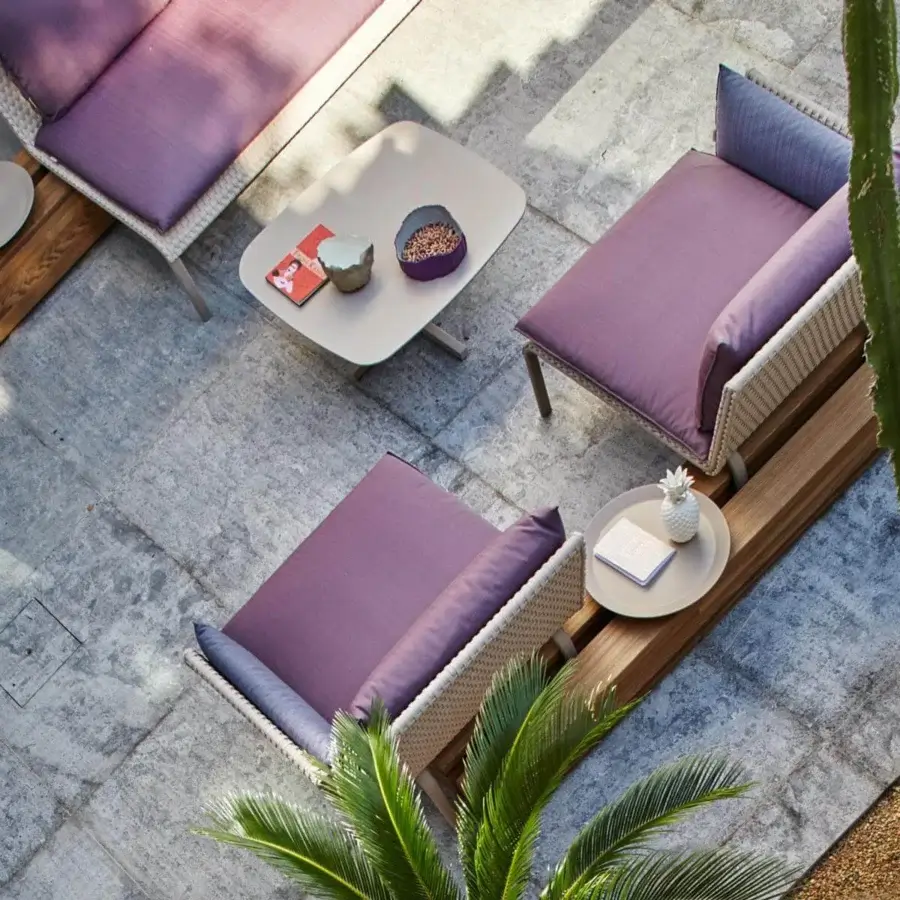 Elegant Roberti Rattan Key West coffee table with a light beige powder-coated aluminum structure and Cipria finish