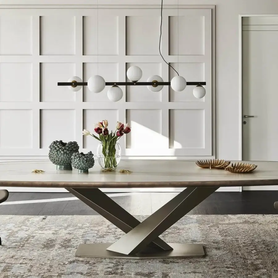 Luxury Cattelan Italia Stratos Keramik table with ceramic Marmi top and brushed bronze lacquered wood edge in graphite embossed lacquered steel
