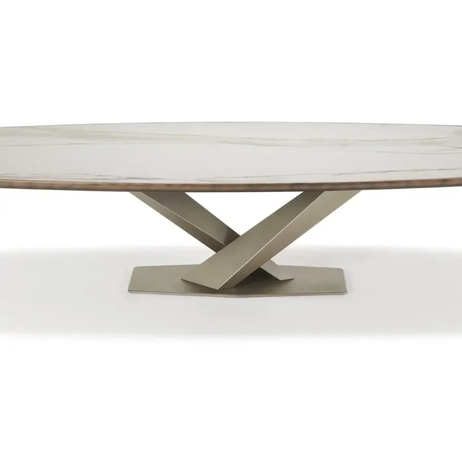 Superior Cattelan Italia Stratos Keramik table with titanium embossed steel base and ceramic Marmi top in white, light brown, grey veining with brushed bronze finish