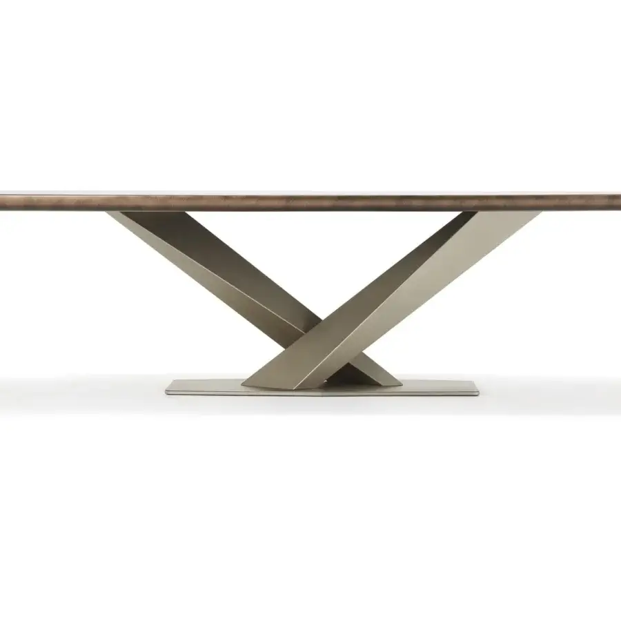 Elegant Cattelan Italia Stratos Keramik table with titanium embossed steel base and ceramic Marmi top in brushed bronze lacquered wood