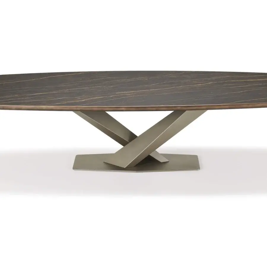 Exceptional Cattelan Italia Stratos Keramik table with ceramic Marmi top and titanium embossed lacquered steel base in matte gray-gold finish