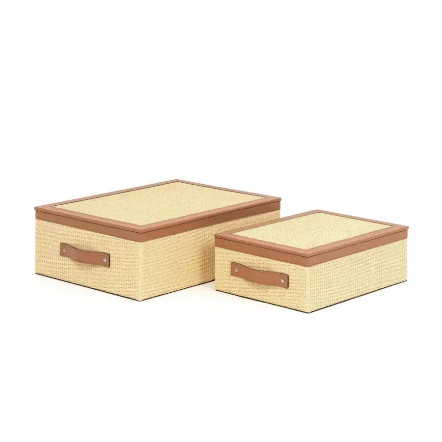 Pinetti aurora closet boxes, light beige woven raffia with tan leather trim and riveted handles, rectangular storage design.