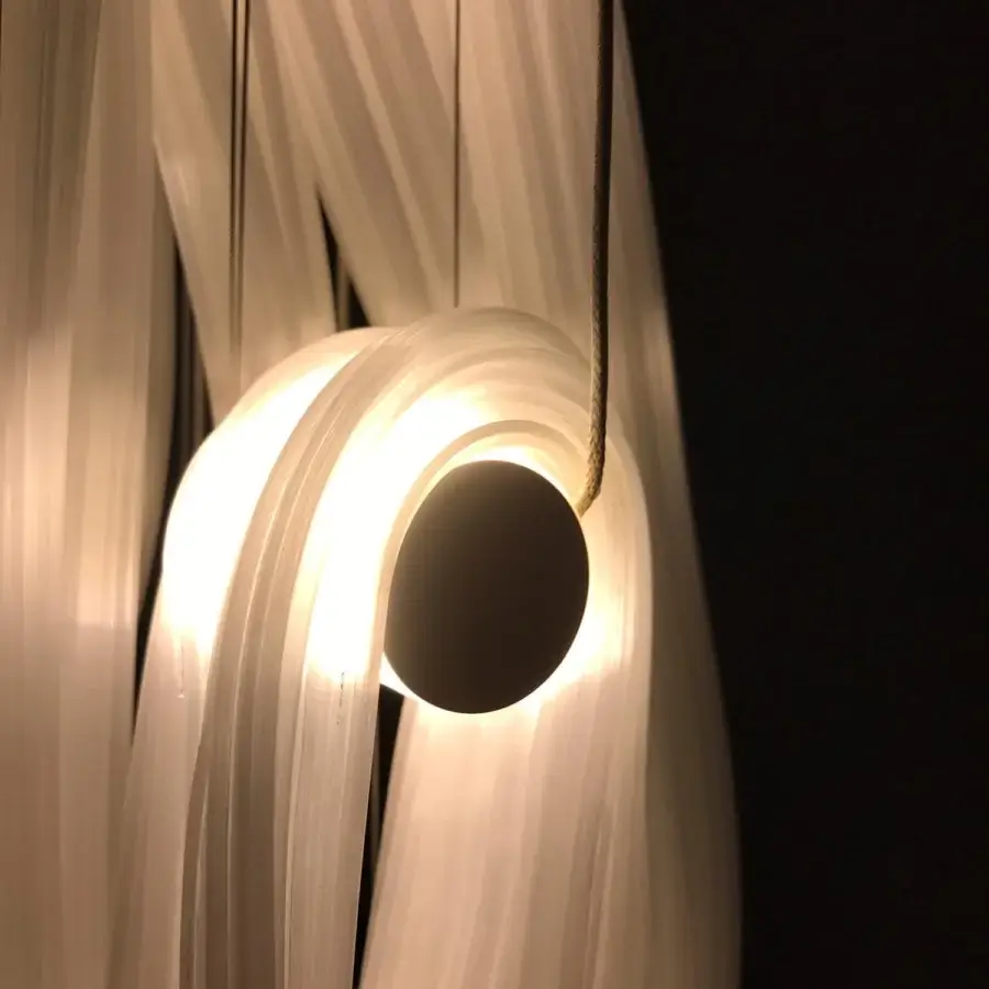 Superior Bocci 87 Random suspension lamp with flowing pearlescent strands diffusing a gentle gradient of light in heated glass