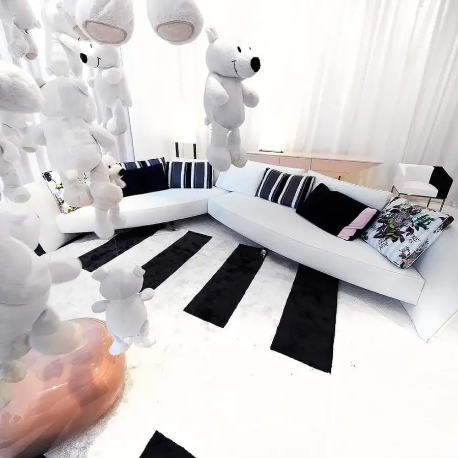 Exceptional Erba Ibiza sofa sectional with bright white textile, solid wood frame and black chrome steel feet