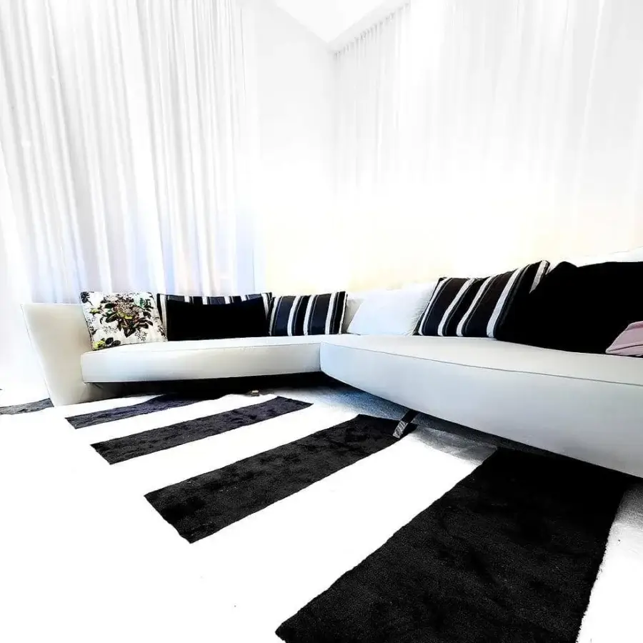 Lavish Erba Ibiza sofa sectional crafted with white fabric, geometric forms and black chrome finished steel feet