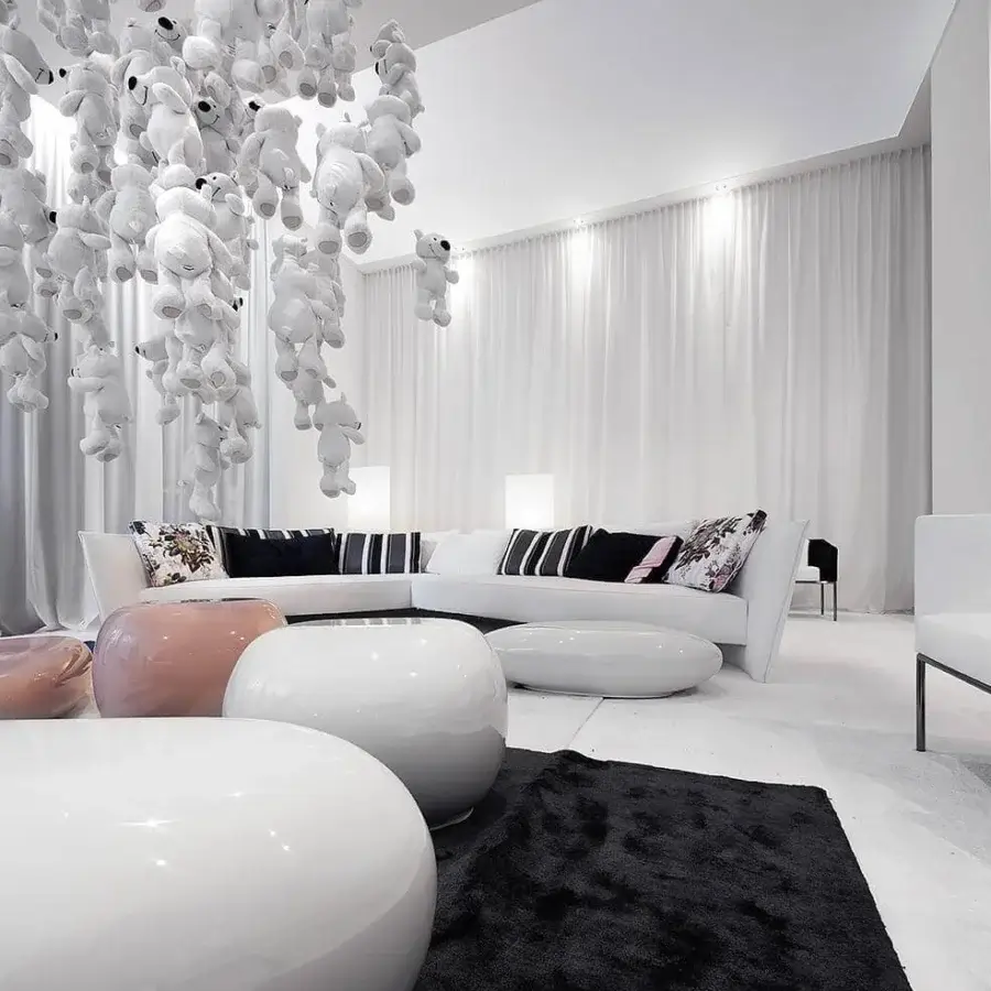 Superior Erba Ibiza sofa sectional with white fabric upholstery, curved design and black chrome steel feet