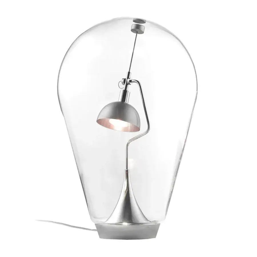 Distinguished Lodes Blow table lamp with hand-blown glass and grey metal, showcasing an adjustable inner lamp with a reflective dome shade