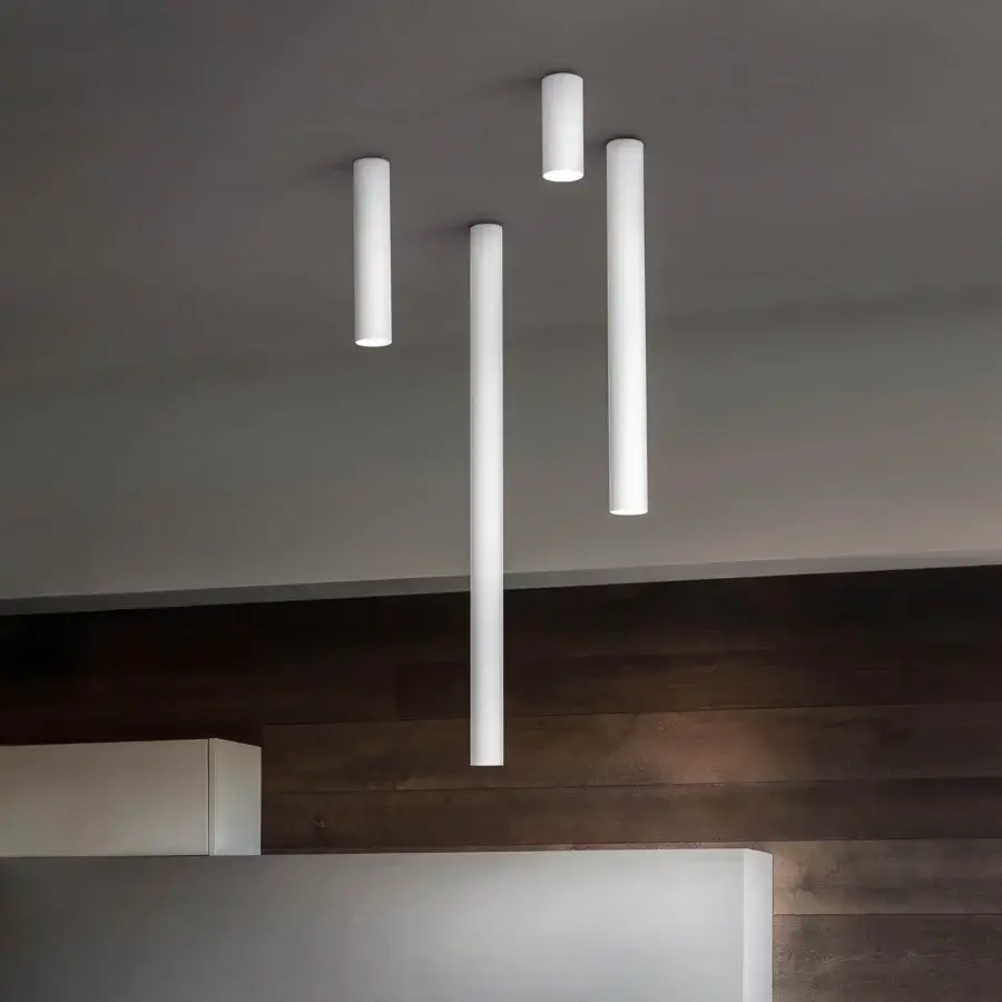Superior Lodes A-Tube ceiling lamp with four cylindrical lights in clean matte white finish