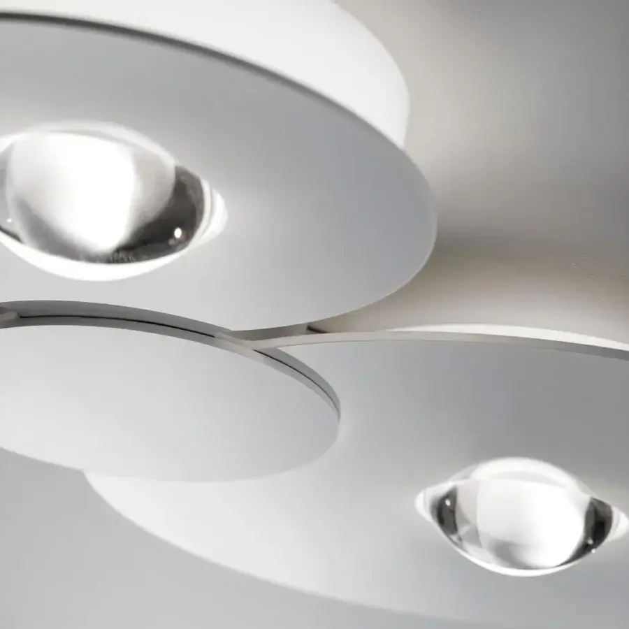 Captivating Lodes Bugia ceiling lamp with overlapping white disks and clear spherical glass elements crafted in Italy