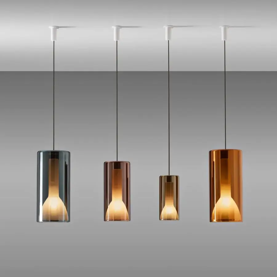 Captivating Penta Lit suspension lamp with mirroring and striped sandblasted glass shades in gradient greyish blue, light brown, and orange-brown tones