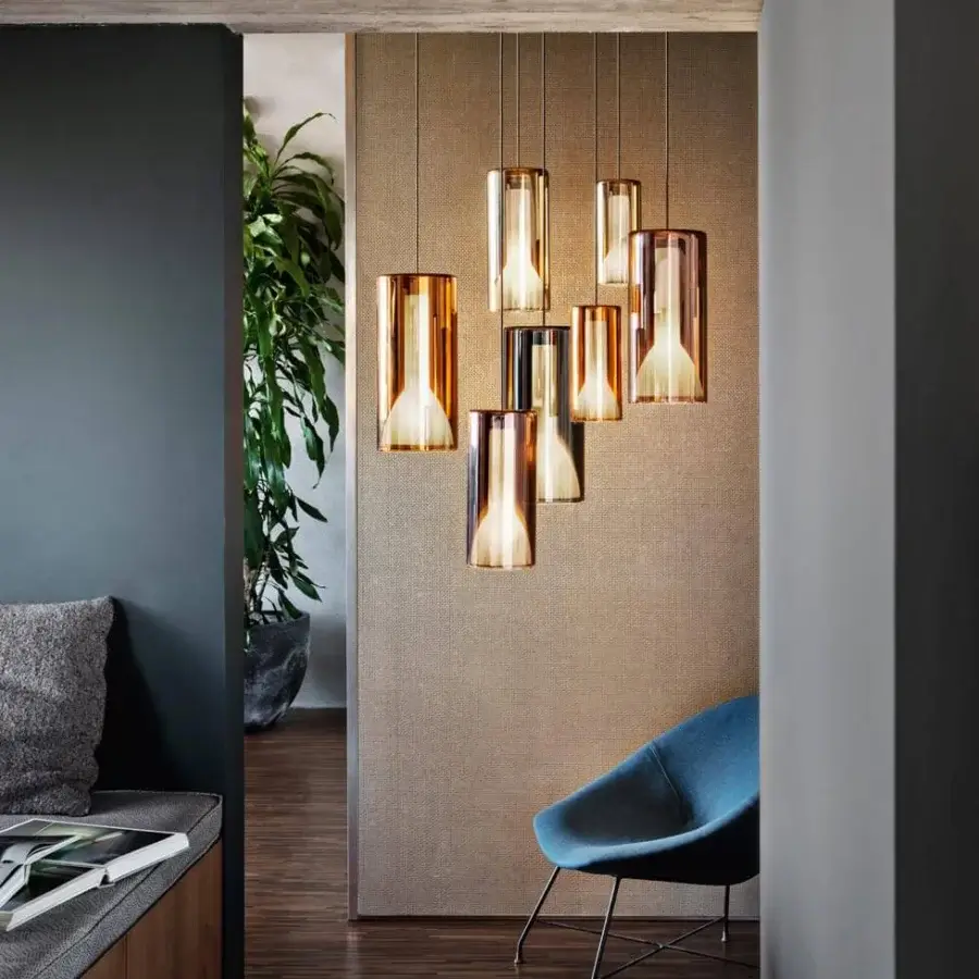 Distinguished Penta Lit suspension lamp with gold mirroring and striped sandblasted glass shades with glossy finish