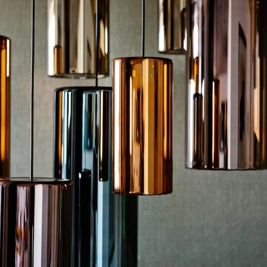 Superior Penta Lit suspension lamp with mirroring glass and striped sandblasted glass in a metallic bronze finish
