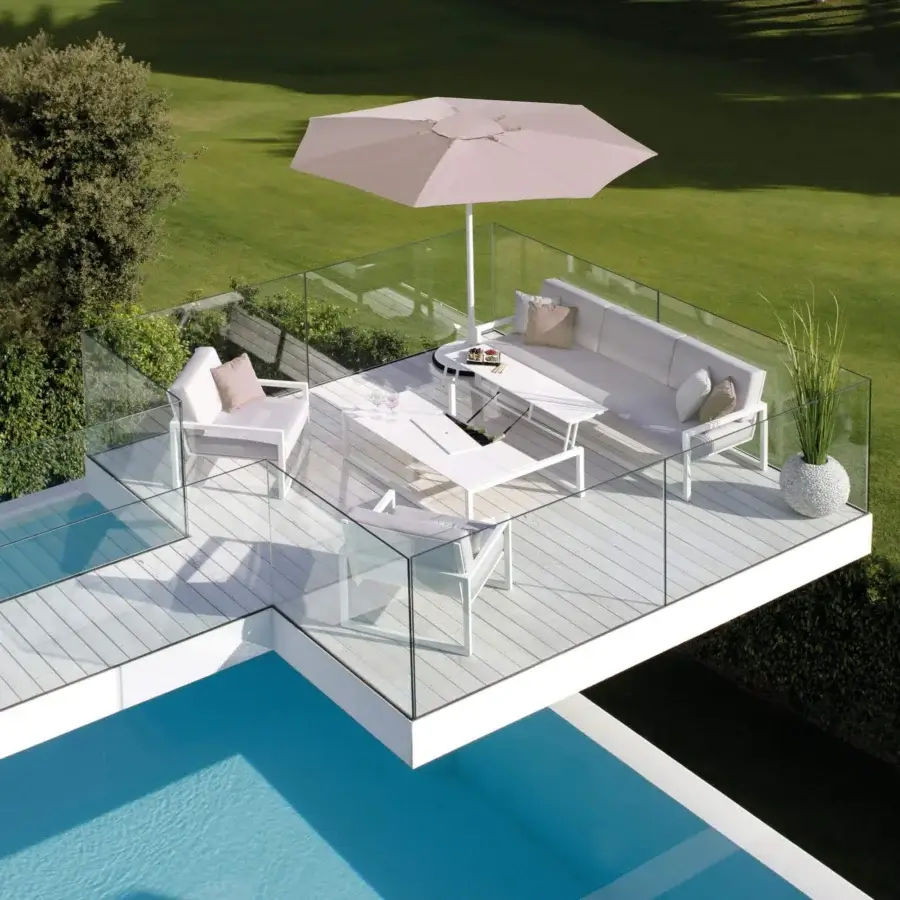 Exclusive Royal Botania Palma umbrella, a strutless shade with light beige mass-colored acrylic fiber and white powder-coated aluminum pole
