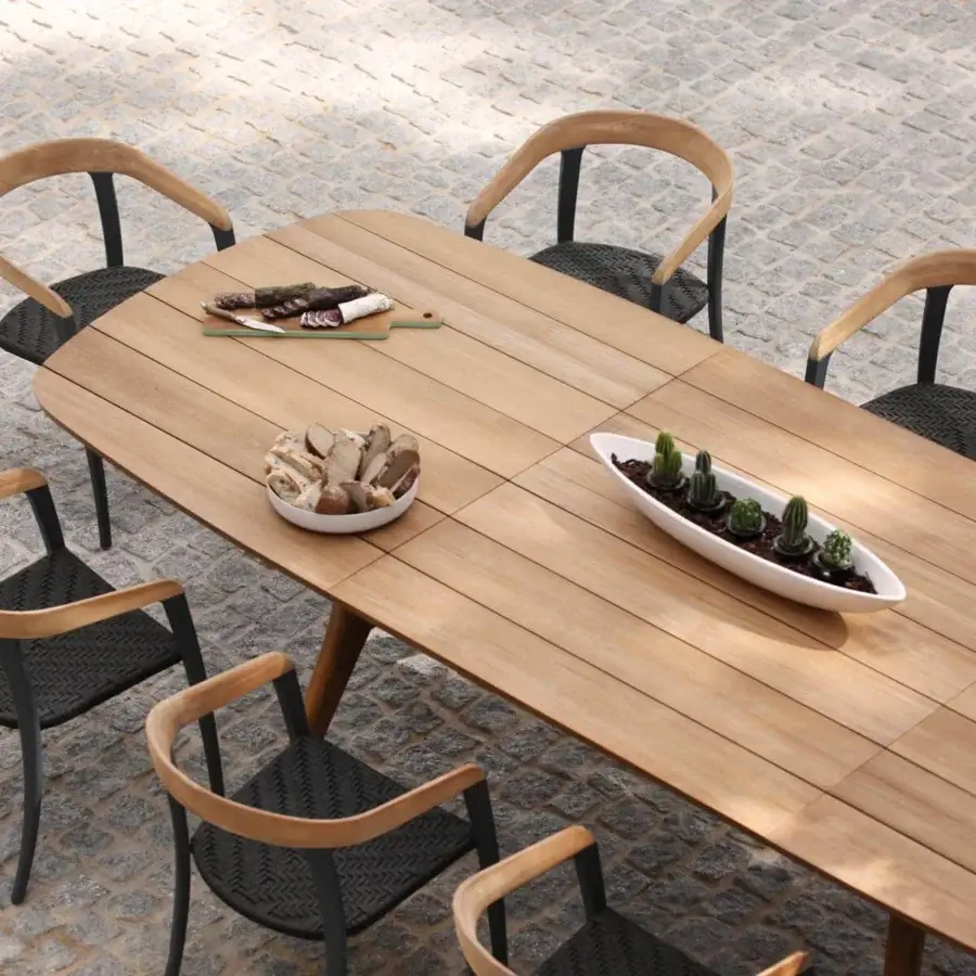 Exceptional Royal Botania Jive armchair with tapered aluminum structure, light brown teak, and dark woven olefin seat
