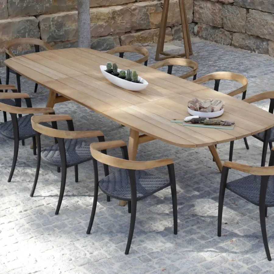 Sophisticated Royal Botania Jive armchair with dark aluminum frame, light teak backrest and woven olefin seat