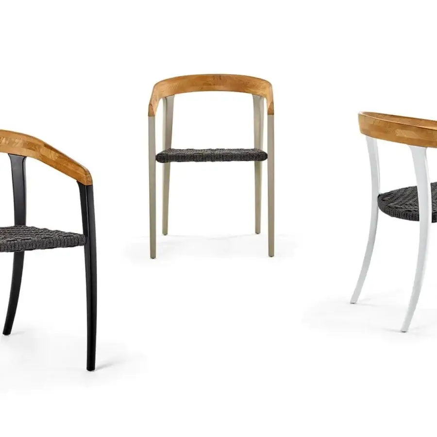 Distinguished Royal Botania Jive armchair crafted with tapered aluminum, woven olefin, and natural teak finish for contemporary style