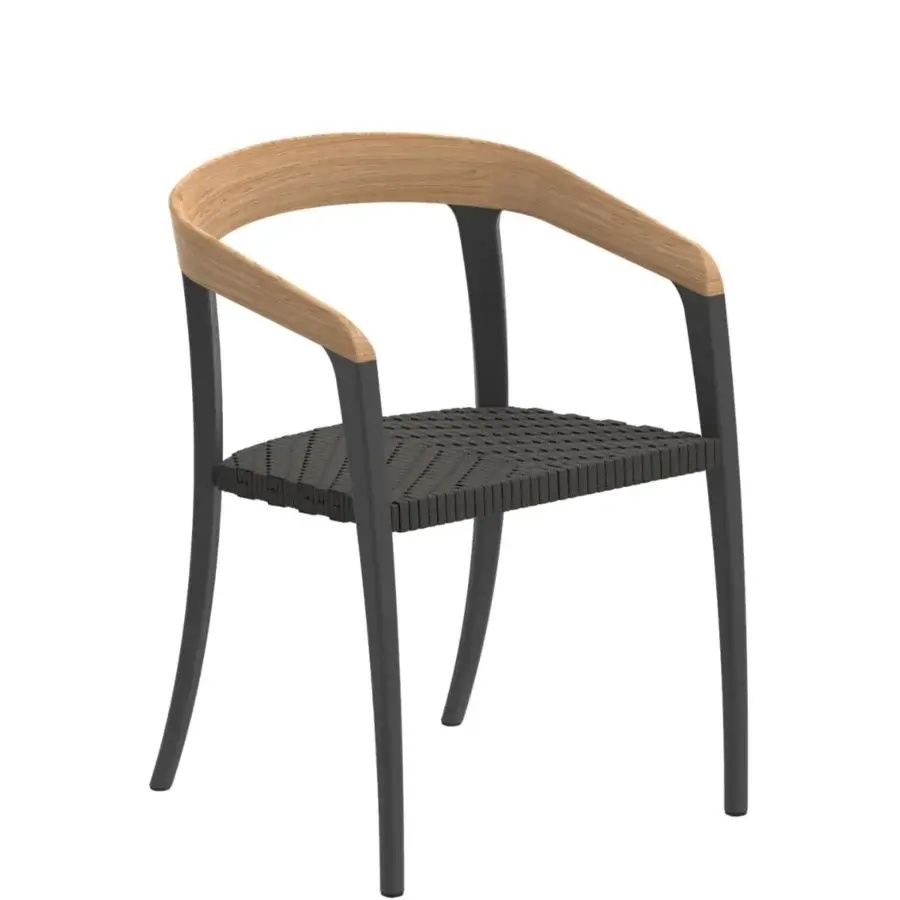 Exceptional Royal Botania Jive armchair built with dark gray tapered aluminum, light teak, and woven dark gray olefin seat