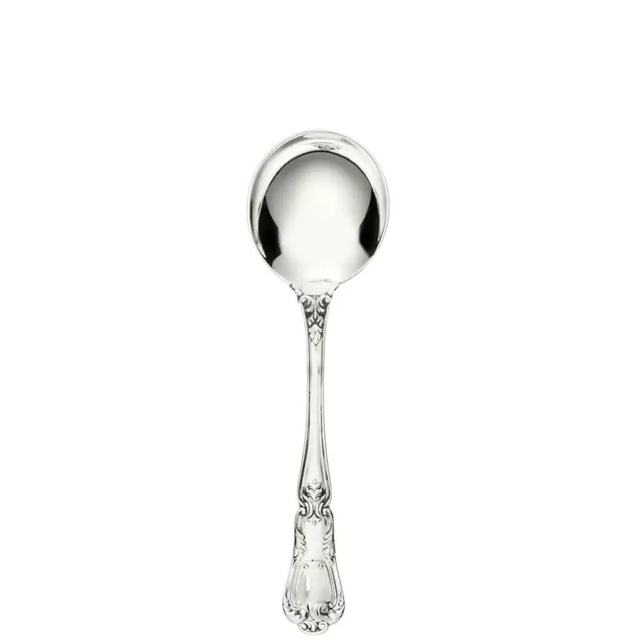 Silver soup spoon with rounded bowl and ornate Victorian handle, featuring scrolling floral motifs and a polished reflective sheen.