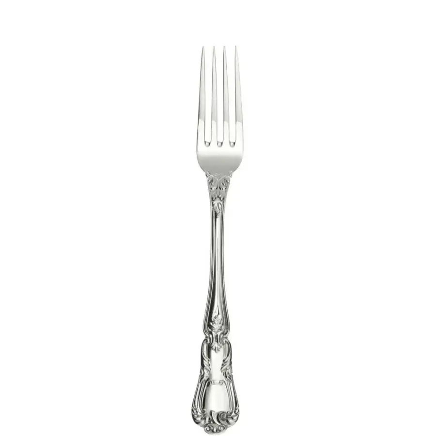 Silver fork with four tines and ornate floral handle, polished reflective metal, traditional fine dining cutlery against white backdrop.