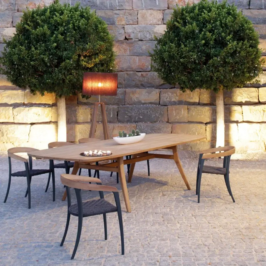 Distinguished Royal Botania Zidiz table crafted with teak wood and a matte finish evoking natural sophistication with visible grain