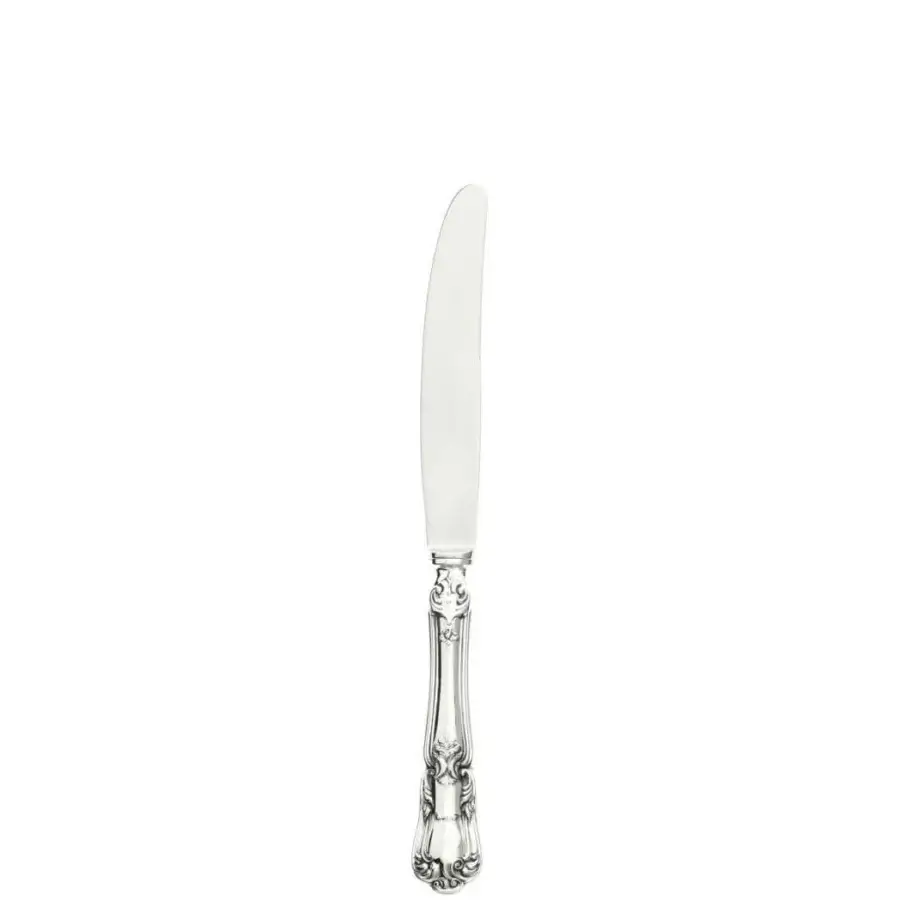 Silver fruit knife with curved blade and ornate floral handle, detailed scrolling leaves, polished sheen, studio product shot.